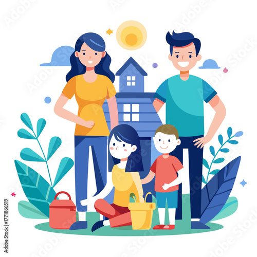 A family of four, parents and two children, with buckets and gardening tools, in front of a house and plants