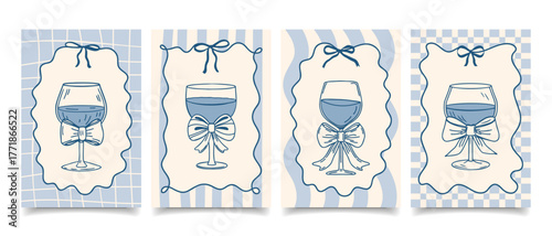 Whimsical greeting cards with elegant wine glasses with bows in vintage ribbon frames. Retro sketch illustration.