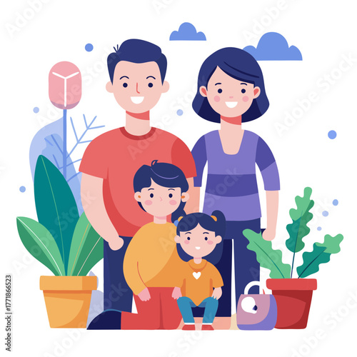A cheerful family of four, including parents and two children, standing and sitting with plants and a handbag in a modern illustration style