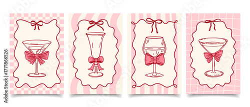 Whimsical greeting cards with elegant wine glasses with bows in vintage ribbon frames