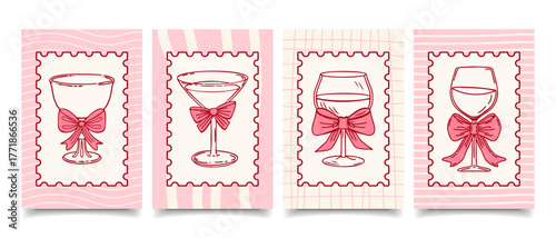 Whimsical greeting cards with elegant wine glasses with bows in vintage  frames. Hand drawn illustration.