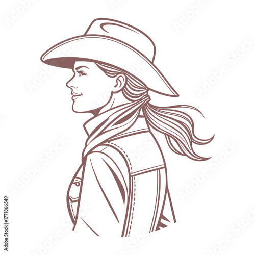 Elegant cowgirl in profile. Cowgirl in a cowboy hat on a white background. Line drawing illustration.