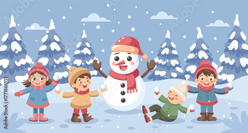 Happy children playing with snowman in winter forest. Kids having fun with snow. Christmas and New Year concept illustration.