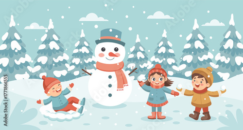 Happy children playing with snowman in winter forest. Kids having fun with snow. Christmas and New Year concept illustration.