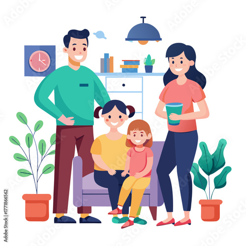A smiling family of four, parents and two children, gathered indoors with plants, a couch, and a clock on the wall in a colorful illustration