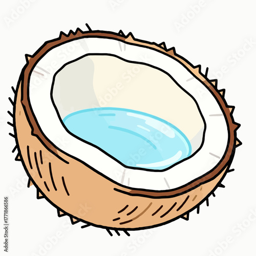 Cartoon illustration of a fresh halved coconut filled with water. SVG Vector Illustrations