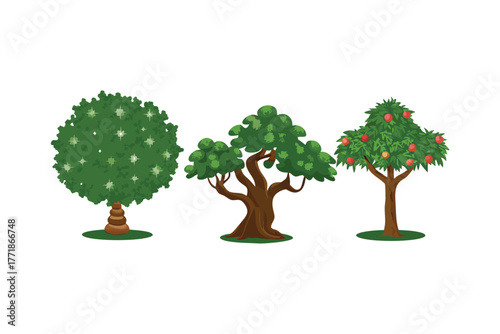 Diverse Trees Illustration: A collection of various tree illustrations, showcasing a range of shapes, sizes, and foliage, each representing a unique characteristic of natural arboreal beauty. 