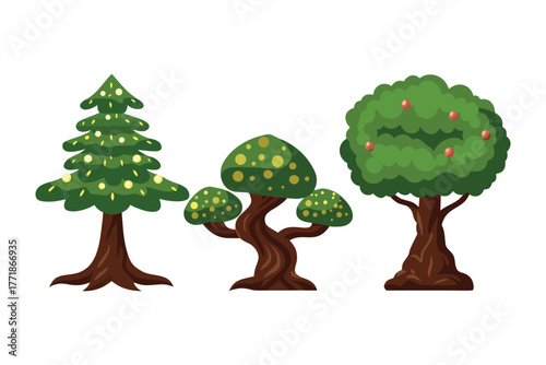 Variety of Trees: This vibrant illustration features a collection of diverse trees, each with unique characteristics and shapes, showcasing the beauty of nature's botanical variety.
