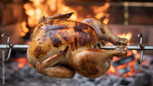 Whole roasted chicken on a rotisserie spit over open fire