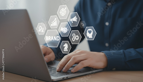 building a strong brand presence with digital marketing icons on virtual interface