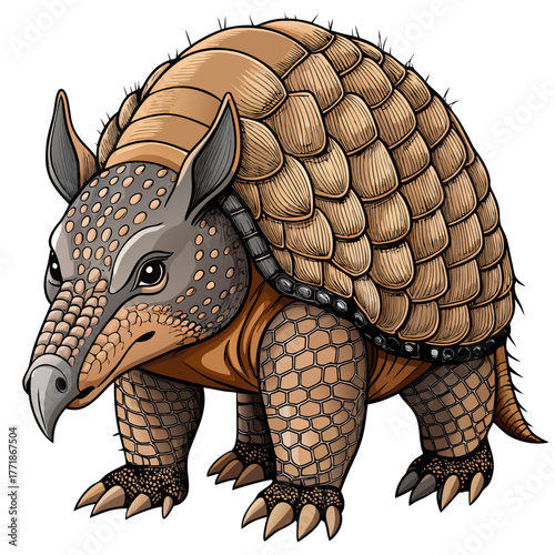 A detailed illustration of an armadillo standing on all fours, showcasing its armored shell and claws