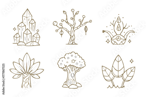 Enchanting Botanical Line Art: A collection of exquisite line drawings showcasing the beauty of nature, featuring trees, foliage, and crystalline formations, all rendered with a delicate touch.