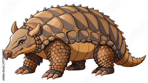 A cartoon illustration of a threebanded armadillo with its armored shell and claws