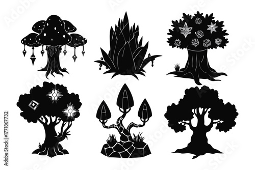 Stylized Trees Collection: A striking composition features a curated collection of meticulously crafted, stylized tree silhouettes, perfect for adding an artistic flair to any project.