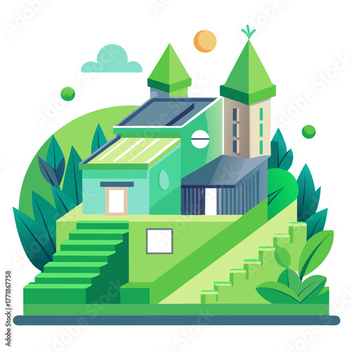 Stylized green architecture with stepped terraces and lush foliage, representing a sustainable and innovative approach to urban development and living