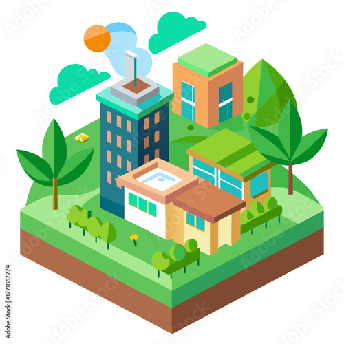 A colorful isometric view of a modern urban environment with distinct buildings, trees, and a sunny sky, representing city life and architectural diversity