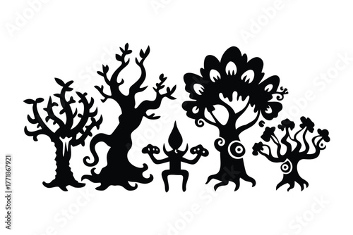 Mystical Forest Illustration: A silhouetted illustration of a mystical forest, a surreal creature stands amid the towering trees, invoking wonder.