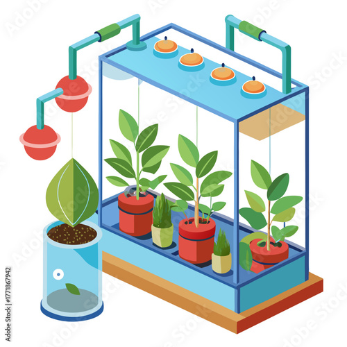Modern indoor hydroponic system for growing plants with artificial light and nutrient solution, promoting sustainable agriculture