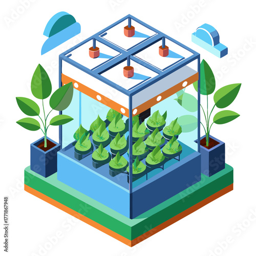 Isometric view of a compact vertical farm with multiple levels of plant cultivation, showcasing efficient use of space and resources