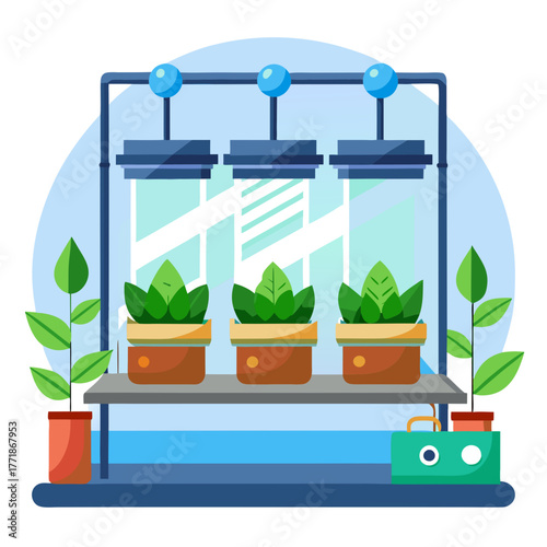 Modern indoor plant growing setup with artificial lights and pots, showcasing a controlled environment for healthy plant cultivation