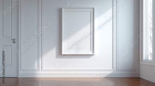 White room with a framed picture on the wall and a closed door on the left