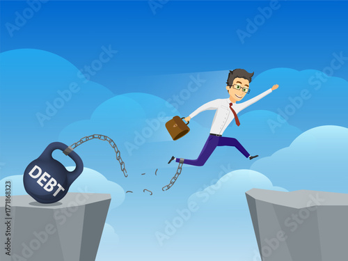 Businessman jumps over a cliff with debt weight on a chain. Vector illustration.