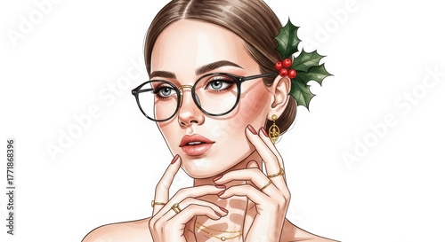 Stylish young woman with glasses and Christmas holly, showcasing elegance and festive charm in a digital portrait.