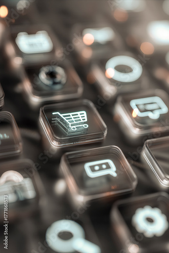 Online shopping concept with illuminated e-commerce icons
