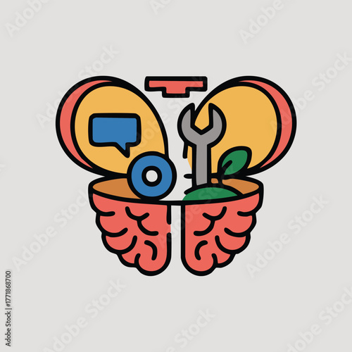 Conceptual vector icon of a brain as an open toolbox. Contains icons for skills (wrench) and communication (speech bubble), representing mental tools, knowledge, and skill development.
