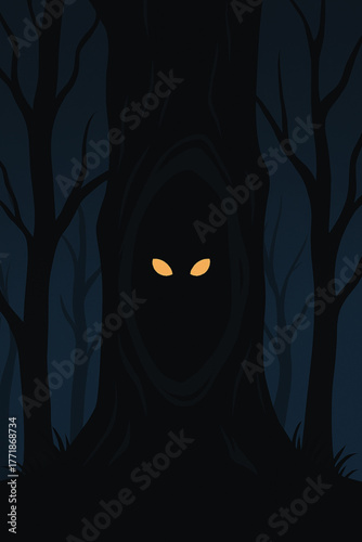 Dark Forest Hollow Tree with Glowing Eyes Inside