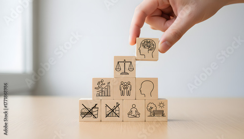 creating foundation of life goals with eco-friendly wooden blocks in sunlight