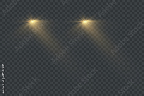Car lights effect on transparent backdrop. Isolated yellow headlights. Realistic automobile flares. Bright car beams concept. Rays on road. Vector illustration 