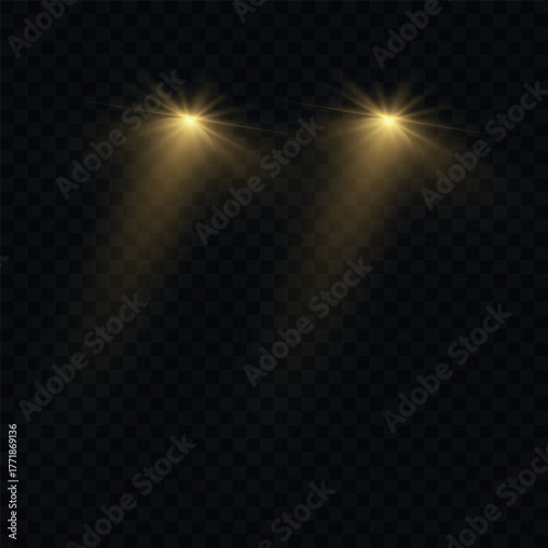 Car lights effect on transparent backdrop. Isolated yellow headlights. Realistic automobile flares. Bright car beams concept. Rays on road. Vector illustration 