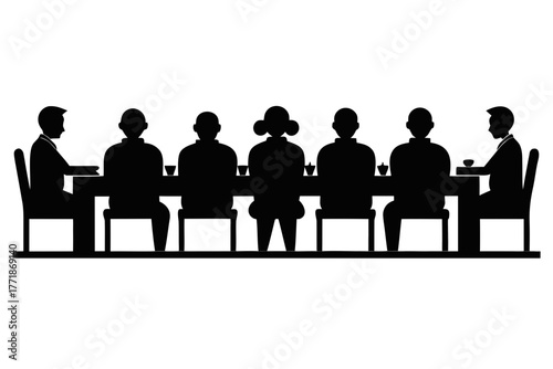 A group of people sitting around a long table, silhouette vector, Sitting table flat  black symbol