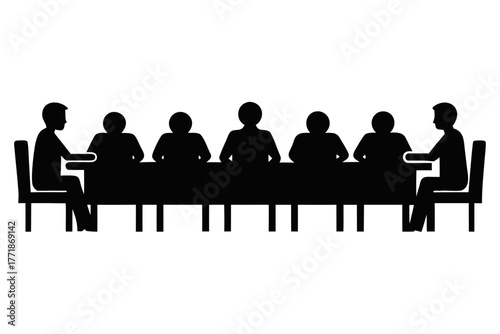 A group of people sitting around a long table, silhouette vector, Sitting table flat  black symbol