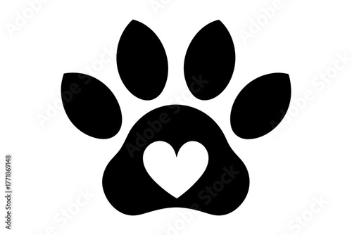 Heart and pet paw black icon, Paw print with heart silhouette art