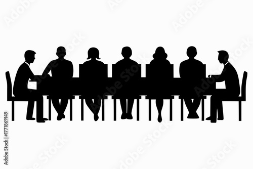 A group of people sitting around a long table, silhouette vector, Sitting table flat  black symbol