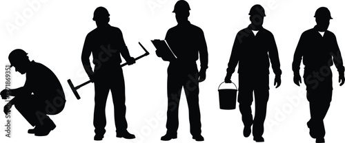 Construction workers silhouette set vector illustration, people in uniform and helmets performing different tasks, teamwork, industrial labor, repair and building concept