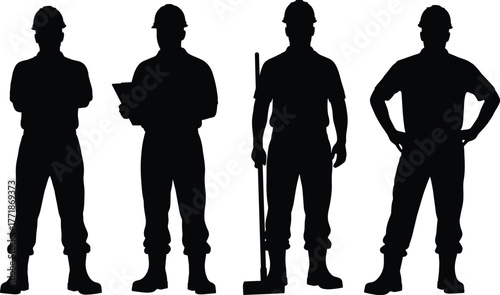 Construction workers standing in different poses, teamwork and labor concept, industrial safety helmet silhouettes, engineering people vector illustration for building industry design