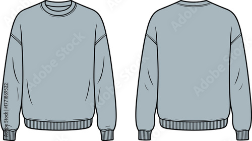 Crewneck sweatshirt front and back flat sketch, casual unisex pullover design template with ribbed cuffs and hem, cad drawing flat vector illustration