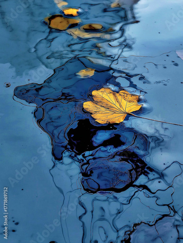 Golden Leaf on Azure Swirls. Abstract Fine Art Oil Painting with Blue Water Texture and Autumn Leaf Reflection
