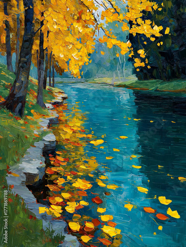 Golden Autumn Leaves on Blue River. Vibrant Fall Landscape Oil Painting with Trees and Water Reflection, Impressionist Nature Artwork for Wall Art and Home Decor