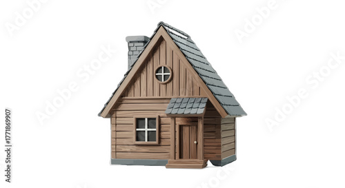 Charming log cabin with chimney and round window, perfect for storybook illustrations