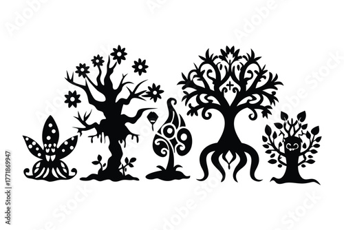 Silhouette Forest Collection: A stunning collection of artistic silhouette designs, each meticulously crafted to represent diverse trees, displaying their unique forms.