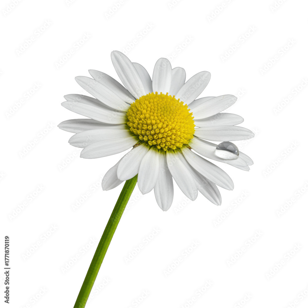 Naklejka premium Pristine common daisy, white petals, yellow center, green stem, water droplet on petal, isolated on transparent, subtle bokeh, high-key macro studio shot, botanical purity