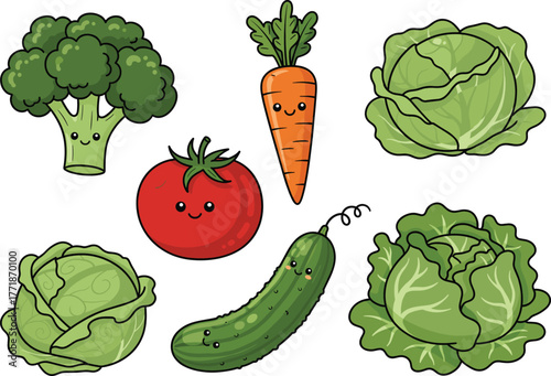 Cute vegetable illustration with smiling tomato, carrot, cucumber, broccoli, and cabbage, healthy food concept, organic farm fresh cartoon vector