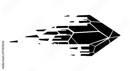 Abstract geometric shape dissolving into fragments moving forward