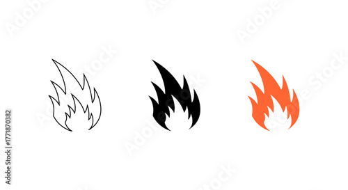 Three stylized flame icons in sketch silhouette and color variations