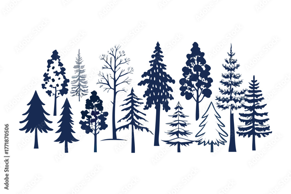 Obraz premium Nature's Ensemble: A stylized illustration of various tree silhouettes, a captivating display that celebrates the unique beauty of diverse foliage.