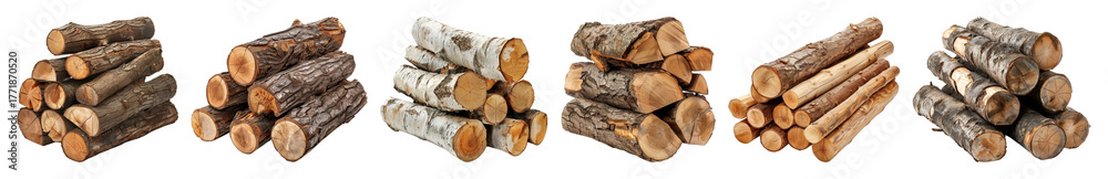 Fototapeta premium PNG Stacked firewood logs variety, element set on transparent background